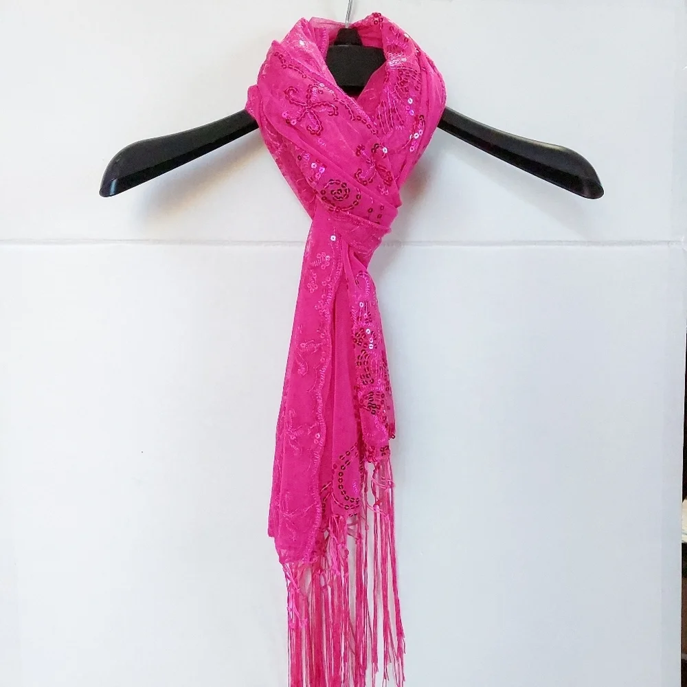 Womens Pink Mesh Sequin Metallic Party Prom Wedding Shawl Scarf With Fringe